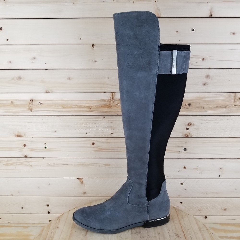 Calvin Klein Priya OTK Size 5.5 US Grey/Black Suede/Leather Over Knee Boots NEW